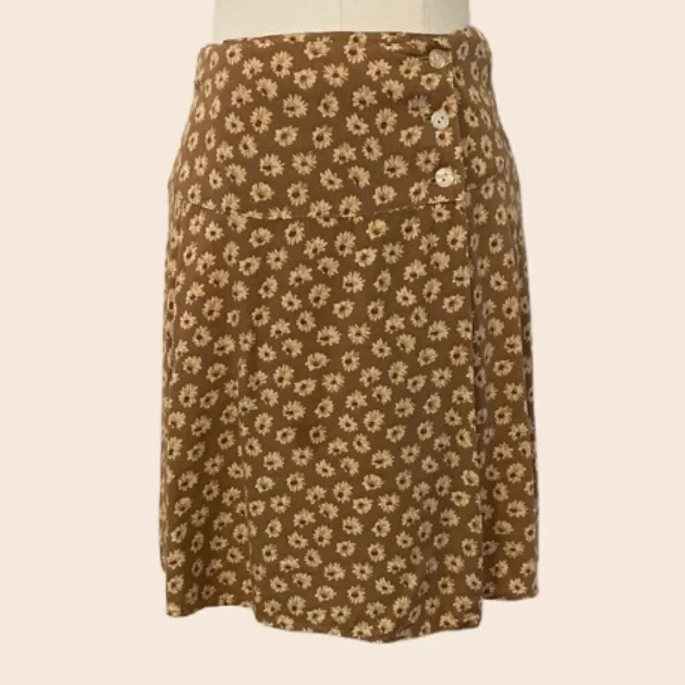 Vintage 90's Light Brown Floral Print Mini Wrap Skirt Size Small